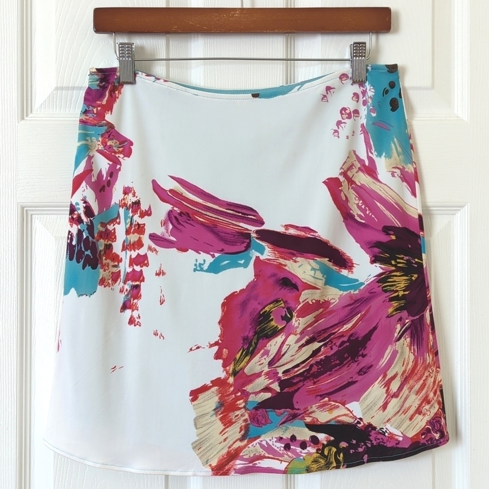 Yigal Azrouel Vibrant Abstract Printed Silk Blend Low Waisted A-Line Mini Skirt - Picture 8 of 11